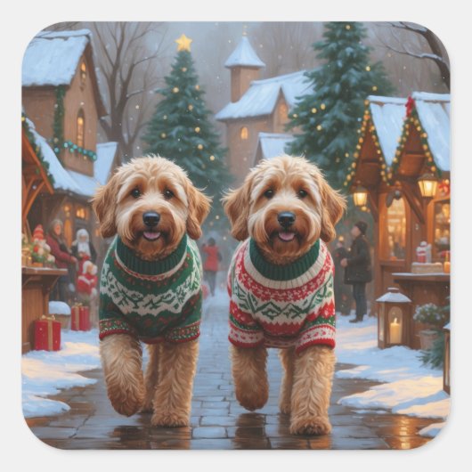 Goldendoodle Dogs Christmas Snow Holiday Vierkante Sticker (Voorkant)