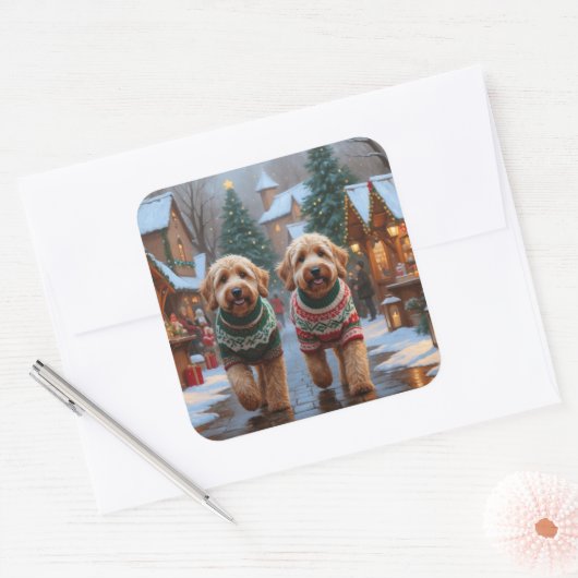 Goldendoodle Dogs Christmas Snow Holiday Vierkante Sticker (Envelop)