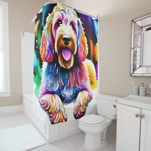 Goldendoodle douchegordijn "Happy Dog" (In situ)