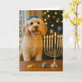 Goldendoodle Hanukkah kaart (Gele Bloem)