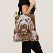 Goldendoodle Happy Dog warme neutrale kleuren Tote Bag (Dichtbij)