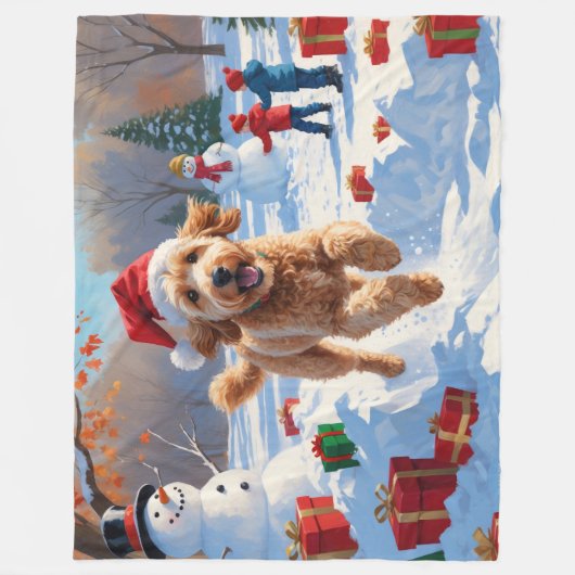 Goldendoodle Hardlopen in de sneeuw met kerst Pet Fleece Deken (Voorkant)