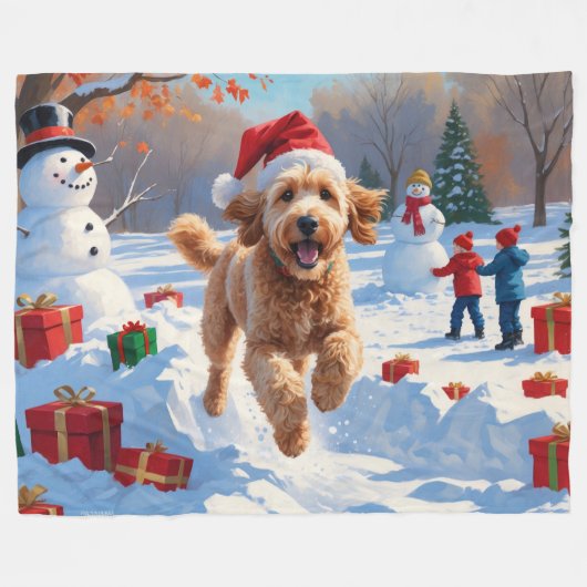 Goldendoodle Hardlopen in de sneeuw met kerst Pet Fleece Deken (Voorkant (Horizontaal))