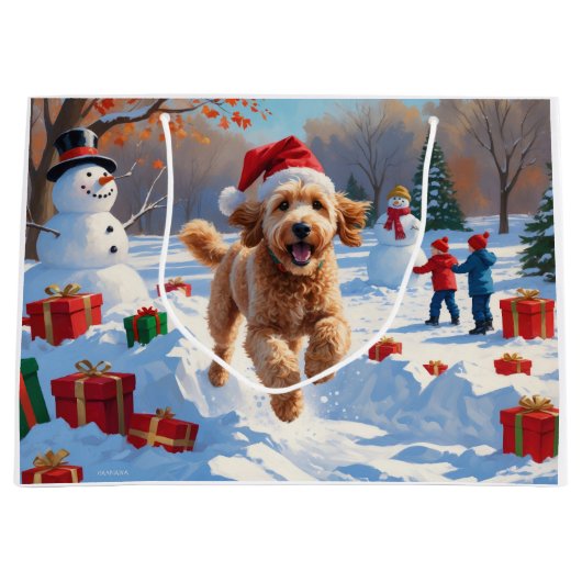 Goldendoodle Hardlopen in de sneeuw met kerst Pet Groot Cadeauzakje (Voorkant)