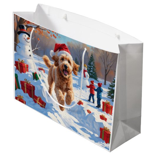 Goldendoodle Hardlopen in de sneeuw met kerst Pet Groot Cadeauzakje (Achterkant Gekanteld)
