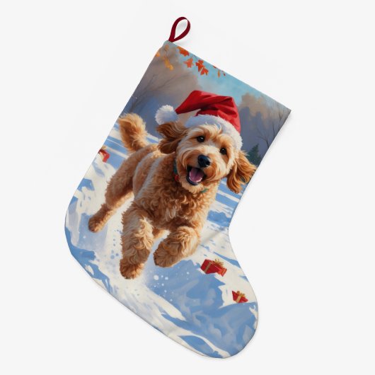Goldendoodle Hardlopen in de sneeuw met kerst Pet Grote Kerstsok (Voorkant (Hangend))
