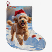Goldendoodle Hardlopen in de sneeuw met kerst Pet Grote Kerstsok (Voorkant)