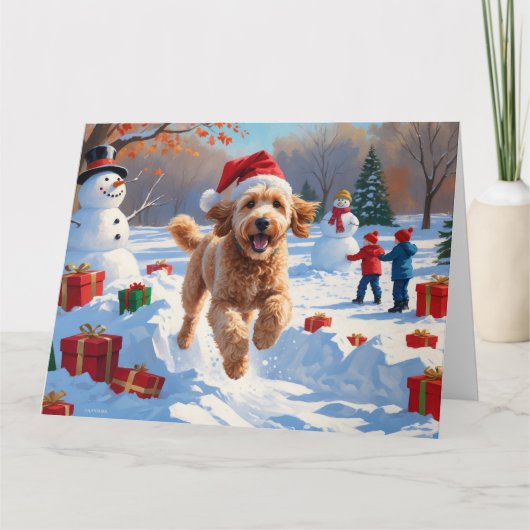 Goldendoodle Hardlopen in de sneeuw met kerst Pet Kaart (Voorkant)