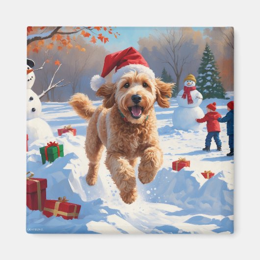 Goldendoodle Hardlopen in de sneeuw met kerst Pet Magneet (Voorkant)