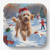 Goldendoodle Hardlopen in de sneeuw met kerst Pet Papieren Bordje (Voorkant)