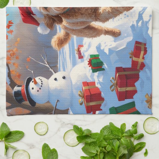 Goldendoodle Hardlopen in de sneeuw met kerst Pet Theedoek (Gevouwen)