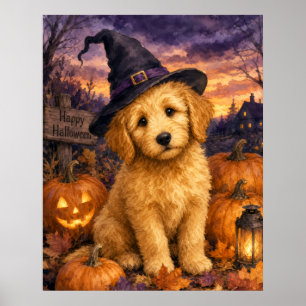 Goldendoodle Heksenhoed Pompoen Poster
