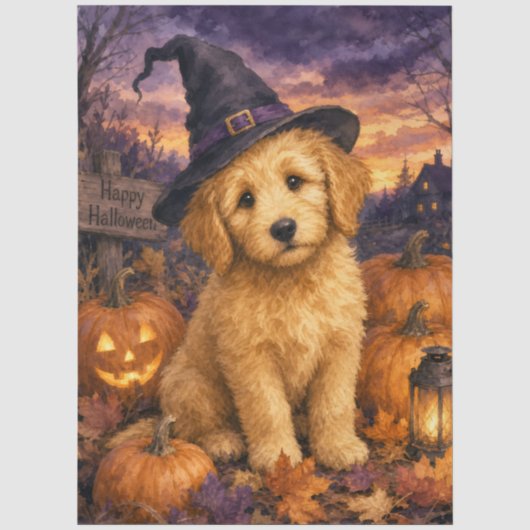 Goldendoodle Heksenhoed Pompoen Tissuepapier (Voorkant)