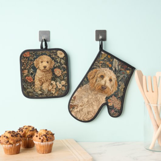 Goldendoodle hond en puppy bloementuin ovenwant & pannenlap set (Insitu(Ophanging))