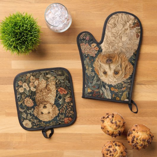Goldendoodle hond en puppy bloementuin ovenwant & pannenlap set (Top down)