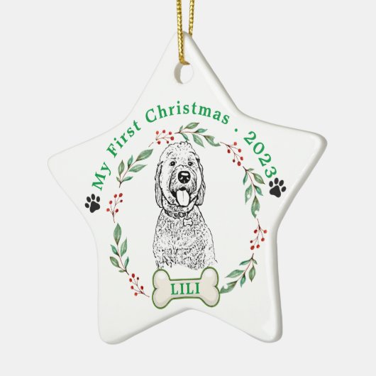 Goldendoodle Hond Gepersonaliseerde Hand Drawing Keramisch Ornament (Links)