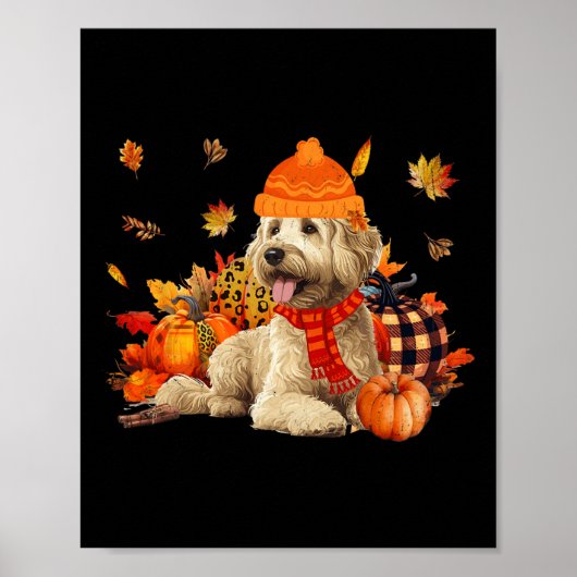 Goldendoodle Hond Herfst Sjaal Luipaard Pompoenen  Poster (Voorkant)