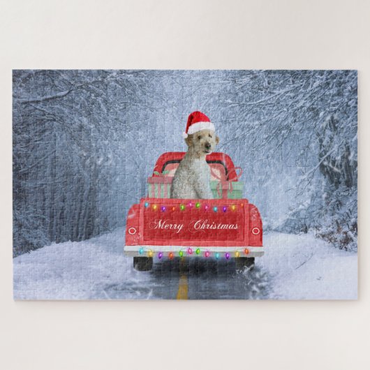 Goldendoodle-hond in de sneeuw zittend op Kerstmis Legpuzzel (Horizontaal)
