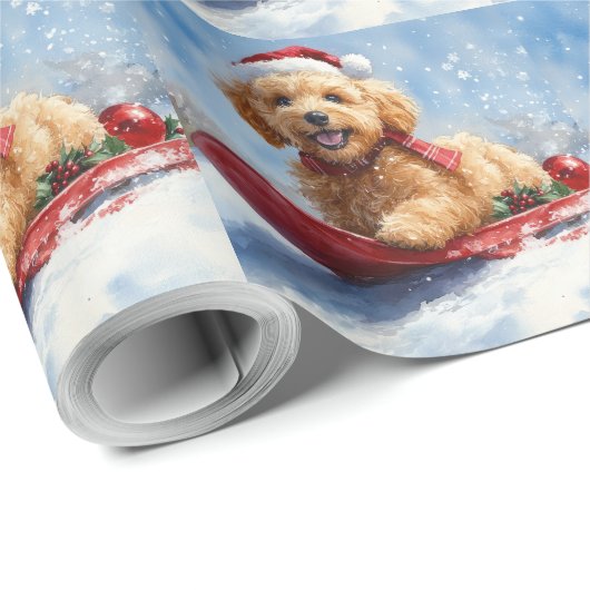 Goldendoodle Hond in Sledge Laat het Sneeuw Kerstm Cadeaupapier (Rol Hoek)