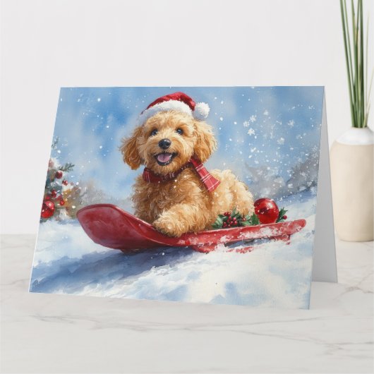 Goldendoodle Hond in Sledge Laat het Sneeuw Kerstm Kaart (Voorkant)