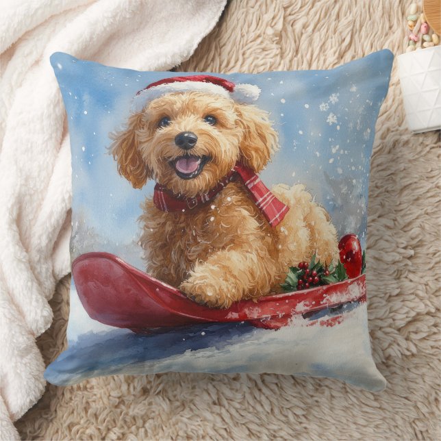 Goldendoodle Hond in Sledge Laat het Sneeuw Kerstm Kussen (Deken)