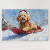 Goldendoodle Hond in Sledge Laat het Sneeuw Kerstm Legpuzzel (Horizontaal)