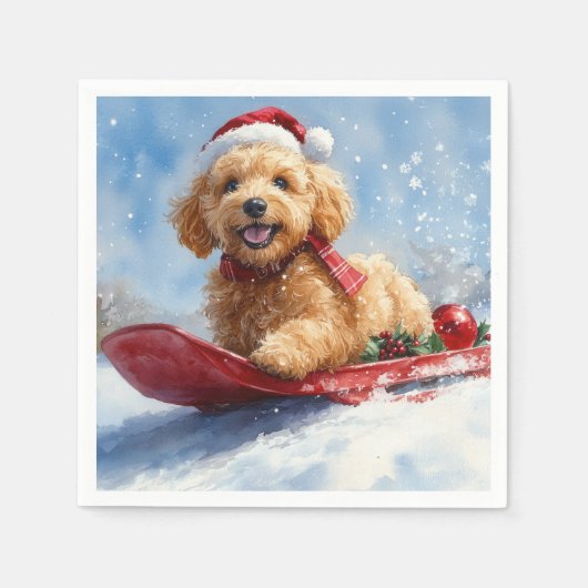 Goldendoodle Hond in Sledge Laat het Sneeuw Kerstm Servet (Voorkant)