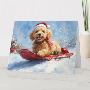 Goldendoodle-hond in slee laat het sneeuwen Kerstm Kaart