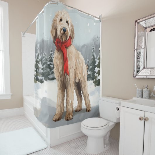 Goldendoodle Hond in Sneeuw Kerstmis Douchegordijn (In situ)