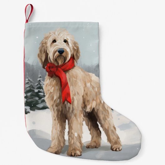 Goldendoodle Hond in Sneeuw Kerstmis Kleine Kerstsok (Voorkant)