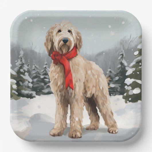 Goldendoodle Hond in Sneeuw Kerstmis Papieren Bordje (Voorkant)