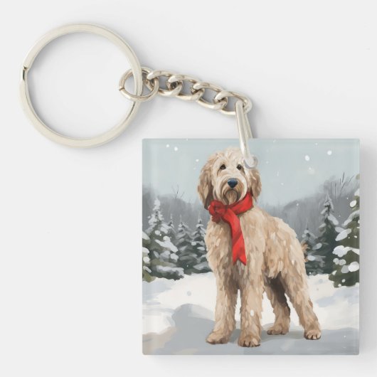 Goldendoodle Hond in Sneeuw Kerstmis Sleutelhanger (Voorkant)
