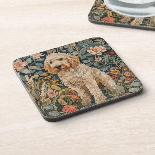 Goldendoodle Hond in William Morris Style Garden Bier Onderzetter (Linkerzijde)