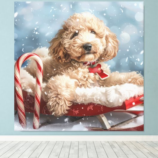 Goldendoodle Hond Kerstfeest Canvas Afdruk (Insitu (Houten vloer))