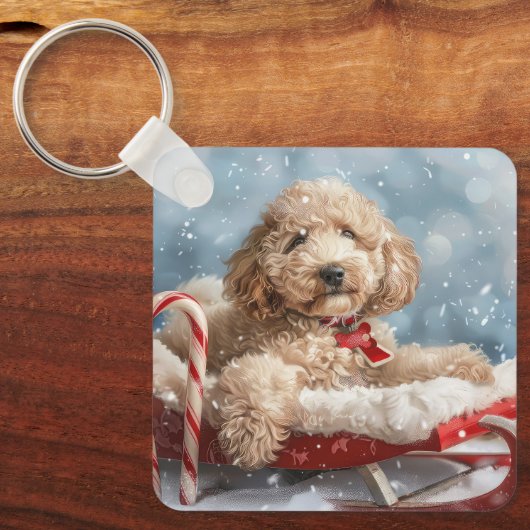 Goldendoodle Hond Kerstfeest Sleutelhanger (Voorkant)