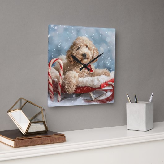 Goldendoodle Hond Kerstfeest Vierkante Klok (Kantoor)