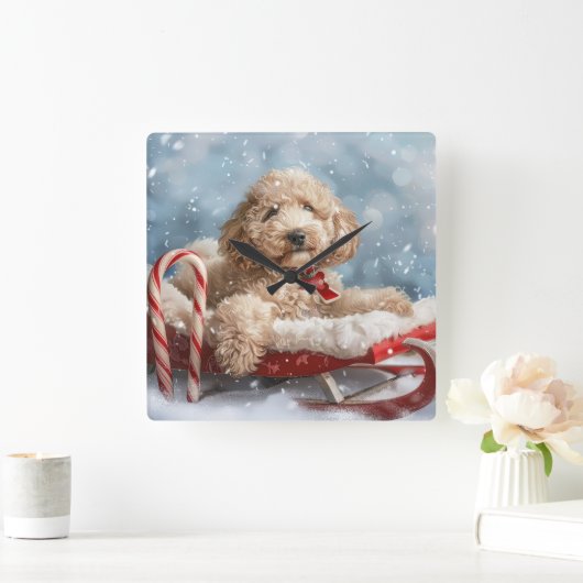 Goldendoodle Hond Kerstfeest Vierkante Klok (Huis)