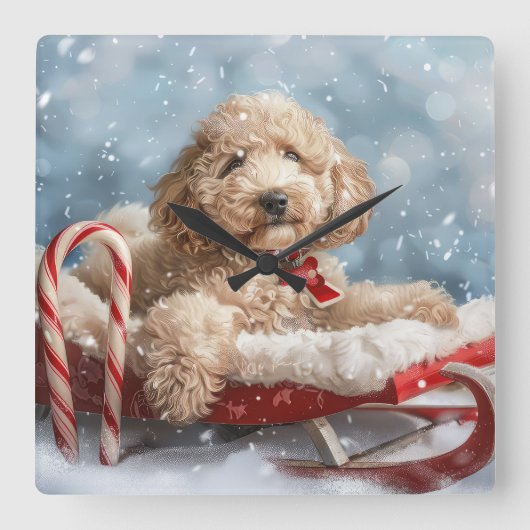 Goldendoodle Hond Kerstfeest Vierkante Klok (Voorkant)
