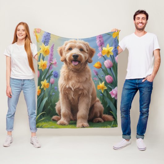 Goldendoodle Hond Lente Bloemen Schilderen Fleece Deken (In situ)