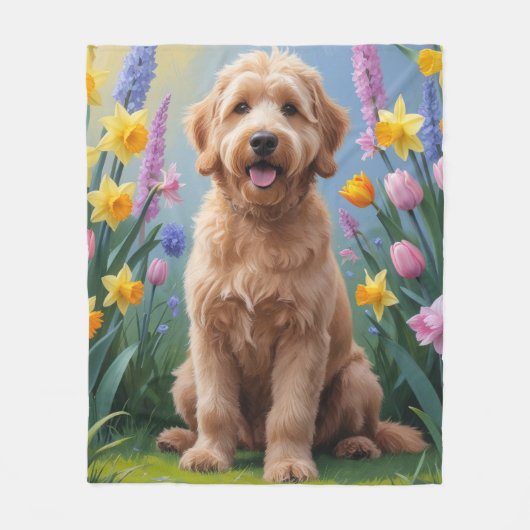 Goldendoodle Hond Lente Bloemen Schilderen Fleece Deken (Voorkant)