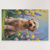 Goldendoodle Hond Lente Bloemen Schilderen Legpuzzel (Horizontaal)