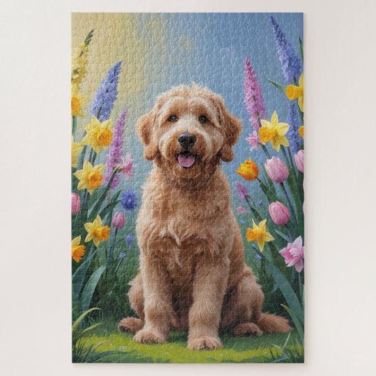 Goldendoodle Hond Lente Bloemen Schilderen Legpuzzel (Verticaal)