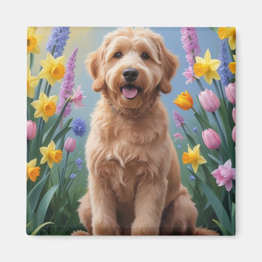 Goldendoodle Hond Lente Bloemen Schilderen Magneet (Voorkant)