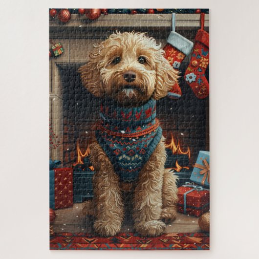 Goldendoodle-hond met kerstcadeaus bij de open haa legpuzzel (Verticaal)