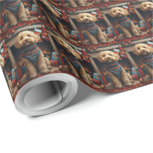Goldendoodle hond met kerstcadeaus open haard cadeaupapier