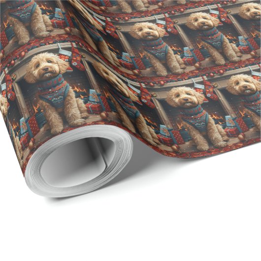 Goldendoodle hond met kerstcadeaus open haard cadeaupapier (Rol Hoek)
