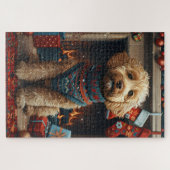 Goldendoodle hond met kerstcadeaus open haard legpuzzel (Horizontaal)
