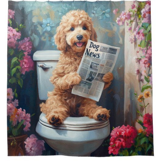 Goldendoodle Hond op Toilet Funny Badkamer Douchegordijn (Voorkant)