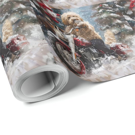Goldendoodle Hond Rijden Motorfiets Kerstmis Cadeaupapier (Rol Hoek)