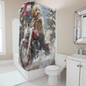 Goldendoodle Hond Rijden Motorfiets Kerstmis Douchegordijn (In situ)